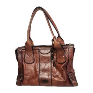 Vintage Fossil Reissue Large Satchel Handbag Camel Brown Leather With Key Charms